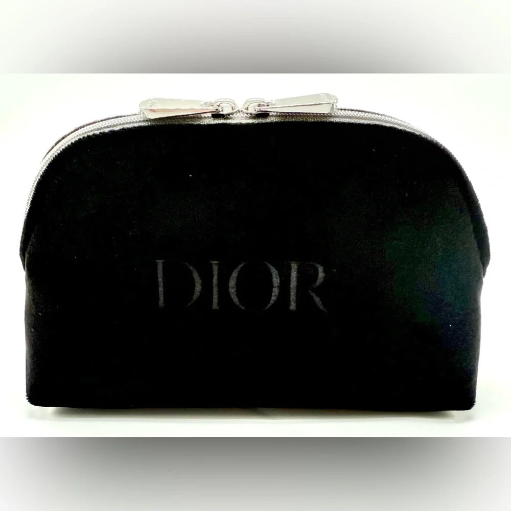 CHRISTIAN DIOR Velvet Embroidered Logo Zippered Luxury Makeup Pouch Bag OS NEW